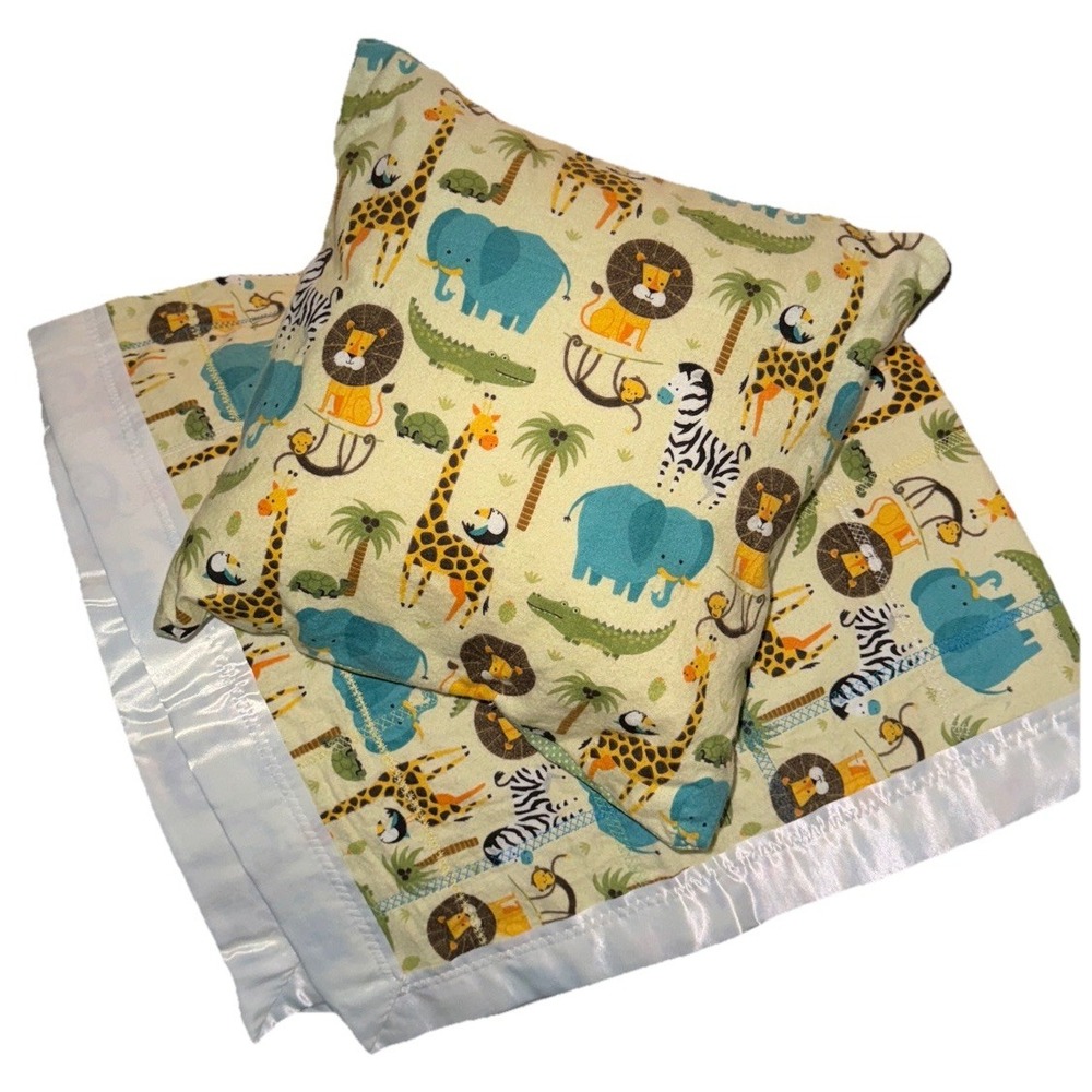 Handmade Baby Toddler Blanket Satin Trim + Pillow Safari Animals Flannel 42 X 36